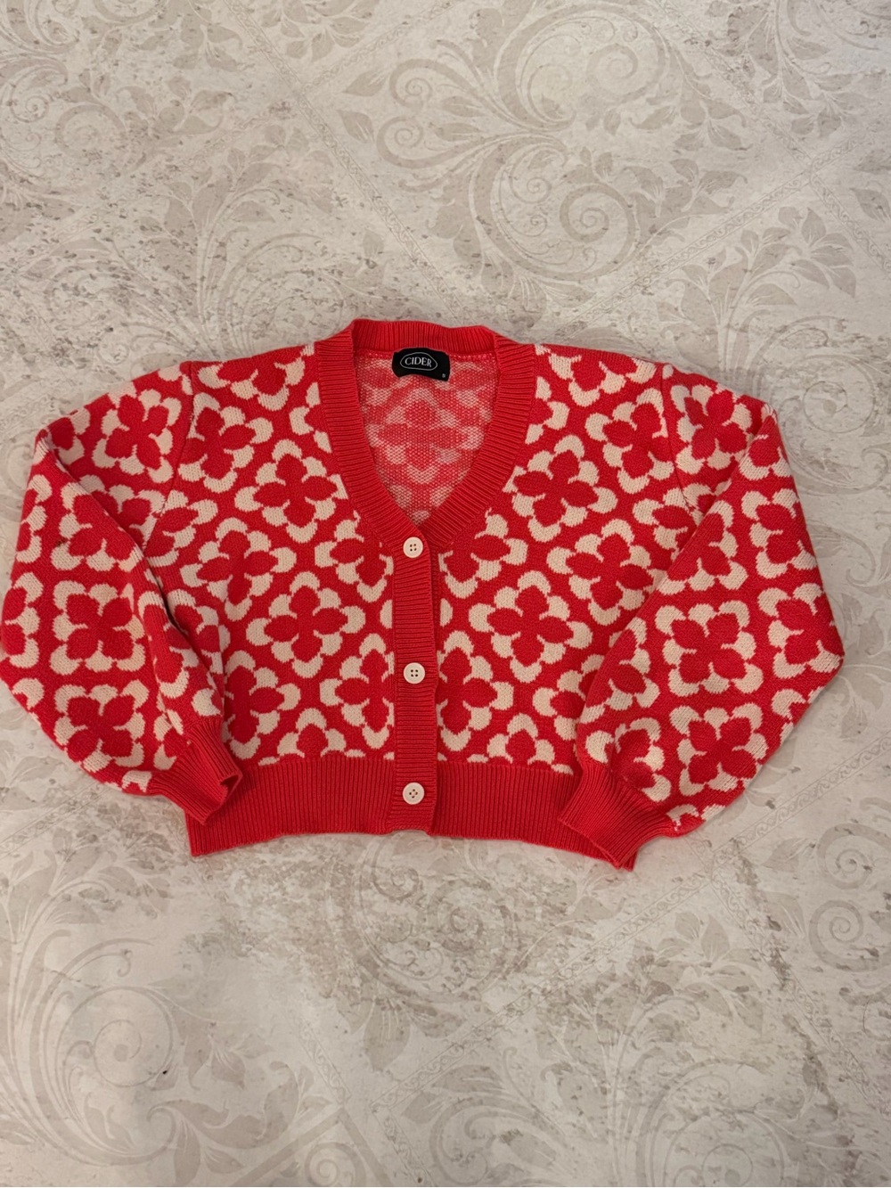 Cider Red and Cream Floral Crop Cardigan Sweater -
